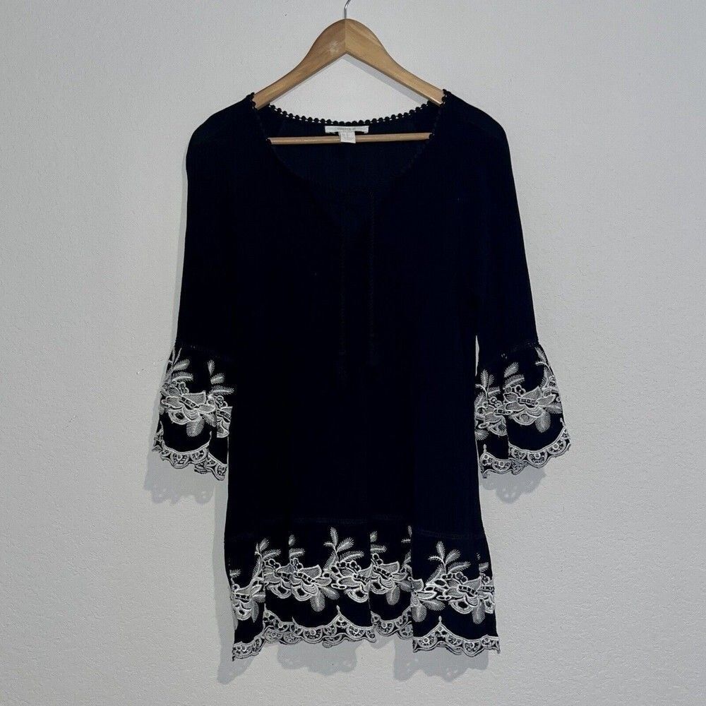 Vtg Forever 21 Black Dress Heavy Embroidered Hem tassels Bell Sleeves S boho Y2K